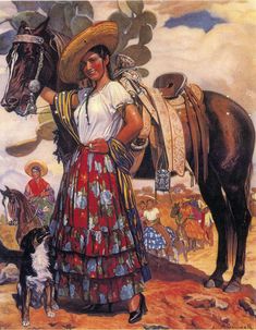 a painting of a mexican woman standing next to a horse, with other people in the background