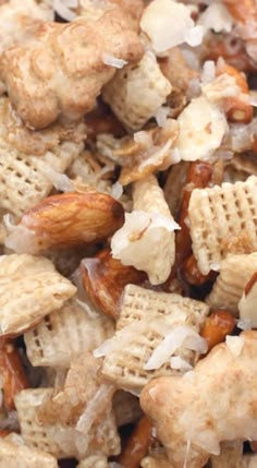 a mixture of nuts and cheetos is shown in this close up photo,