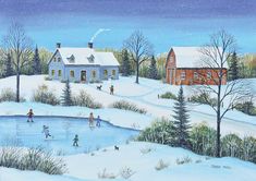 a painting of people playing in the snow by a house and pond with trees on either side