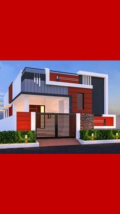 this is an artist's rendering of a modern house with red and white accents