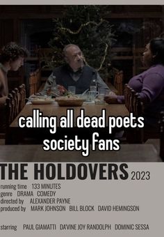 people sitting at a table in front of a christmas tree with the words, calling all dead pots society fans