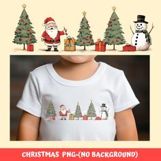 a child wearing a christmas t - shirt and standing in front of trees