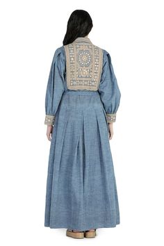 Blue stripe button down shirt dress with mirror resham work on the yoke. Paired with a sash belt. - Aza Fashions Work Dress Women, Resham Work, Work Dresses For Women, Button Down Shirt Dress, Blue Mirror, Sash Belts, Sash Belt, Work Dress, Dress For Women