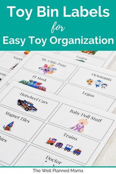 toy bin labels for easy toy organization with the title overlay that reads, toy bin labels for easy toy organization