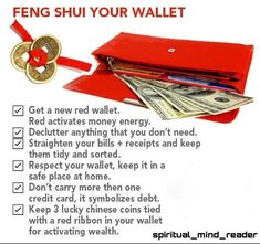 a red wallet with money in it and the words feng shu your wallet