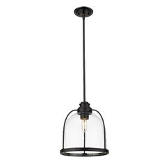 a black and clear glass light fixture with an open wire hanging from the ceiling,