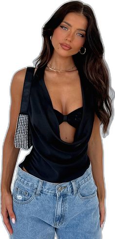 Party V-neck Halter Top With Built-in Bra, V-neck Halter Top With Built-in Bra For Party, Party Backless Halter Top With Built-in Bra, Chic Halter Neck Camisole With Built-in Bra, Club Halter Top With Built-in Bra, Chic Stretch Low-cut Halter Top, Backless Satin Halter Top For Party, Backless Tank Top With Built-in Bra For Night Out, Chic Low-cut Halter Top For Party