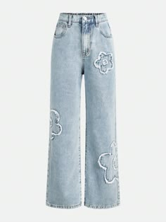 Tween Girls' Floral Pattern Loose Fit Jeans Light Wash    Denim Cartoon,Floral Straight Leg Non-Stretch  Tween Girls Clothing, size features are:Bust: ,Length: ,Sleeve Length: Jeans For Teenage Girl, Preppy Jeans, Light Colored Jeans, Jeans For Kids, Preppy Pants, Cute Ripped Jeans, Adrette Outfits, Style Kawaii, Jeans Claro