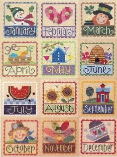 cross stitch samples with words and pictures on them