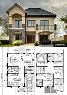 two story house plan with garage and living room in the middle, one bedroom on each floor