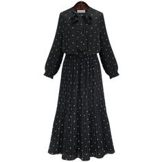 Round Neck Long Sleeve Solid Black Chiffon Dot Loose Dress Chic Long Sleeve Chiffon Dress For Work, Black Long Sleeve Chiffon Dress For Fall, Black Chiffon Dress For Fall, Casual Polka Dot Chiffon Dresses, Elegant Black Long Sleeve Chiffon Dress, Polka Dot Long Sleeve Chiffon Dress, Long Sleeve Chiffon Dress With Polka Dots, Polka Dot Chiffon Long Sleeve Dress, Black Pleated Chiffon Dress