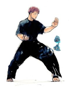 a drawing of a man with red hair and black pants doing a kickbox pose