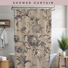 a shower curtain with an image of flowers on it and the words shower curtain written in black