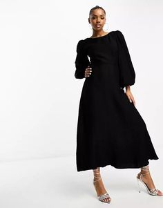 Nobody's Child Zola midi dress with balloon sleeves in black | ASOS