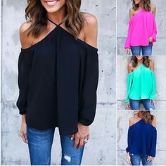 2017+Spring+Summer+Casual+Long+Sleeve+Sexy+Halter+O-Neck+Off+Shoulder+Chiffon+Women+Blouse+for+Great+for+Club+Parties+and+Gatherings. Color:++Black,+White,+Green,+Navy,+Rose Size+(cm): +++++++Sleeve+++++++Bust+++++++Length S+++++++43+++++++++++++90++++++++++++47 M+++++++44++++++++++++9... Outfit Elegantes, Women Chiffon Blouse, Off Shoulder Shirt, Black Plain, Casual Long Sleeve Shirts, Women Halter, Shoulder Tops, Chiffon Long Sleeve, Shoulder Shirts