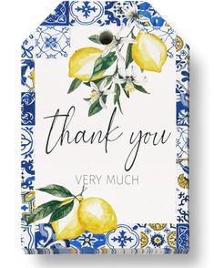 a blue and white thank card with lemons on it