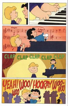 a comic strip with an image of a boy playing the piano and another cartoon character