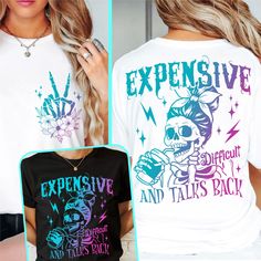 two women wearing t - shirts that say expensive and tails back on the same shirt