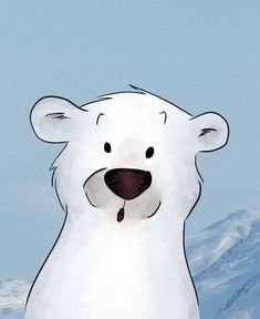 a white polar bear standing in front of some snow covered mountains and blue sky with no clouds