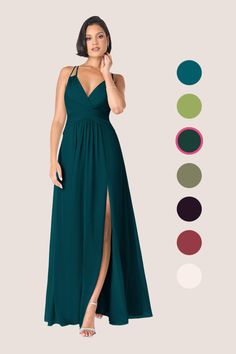 a woman in a long green dress standing next to an assortment of color swatches