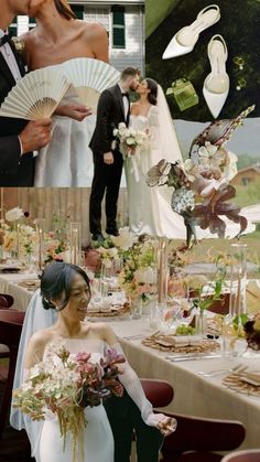 a collage of wedding photos with bride and groom in formal attire, holding fan