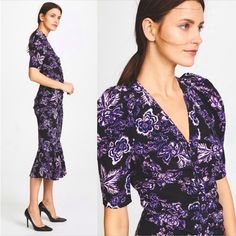 New With Tags Veronica Beard Kent Dress. Size 6. Color: Black Isla Floral Self & Contrast: 100% Silk Made In China Dry Clean Only Unlined Button Front Closures Ruched Fabric Detail Ruffled Hem Bust: 35in Hip: 35in Length: 49in Sleeve: 15.5in Waist: 28in Fitted Purple Midi Dress With Short Sleeves, Purple V-neck Midi Dress For Work, Chic Purple Short Sleeve Midi Dress, Midi Button Down Dress, Mariposa Dress, Plunge Midi Dress, Peplum Midi Dress, Patterned Midi Dress, Silk Shirt Dress