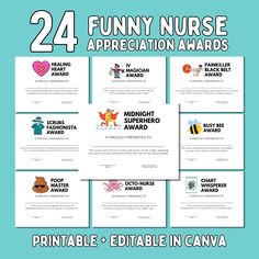 four printable nurse appreciation cards with the words, funny nurse appreciation awards and an image of