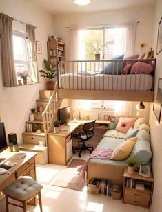 a bedroom with a loft bed, desk and stairs leading to the upper floor area