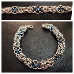 Handmade Byzantine Chainmail Bracelet Material Aluminum Style Byzantine And Helm Weave Type Bracelet Color Silver, Gray And Blue Size 7.5 Inch (If You Need A Different Size Message Me) How To Make Chainmail, Metal Chainmail Bracelets As Gift, Chainmail Jewelry Bracelets, Metal Chainmail Bracelet, Medieval Silver Chainmail Jewelry, Adjustable Chainmail Chain Bracelet, Chain Maille Patterns, Chainmail Patterns, Horse Bracelet