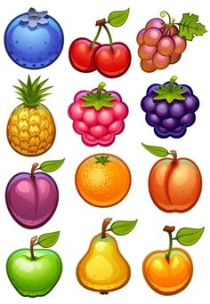 a bunch of different fruits and vegetables on a white background, including apples, oranges, cherries, grapes, pineapple