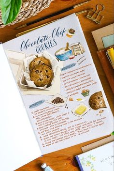 a recipe book is open on a table with cookies and other things to cook in it