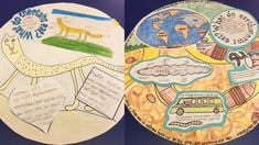 two paper plates with different types of animals and words on them, one has a bus in the middle