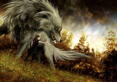 a painting of a wolf attacking a woman