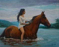 a painting of a woman riding a horse in the water