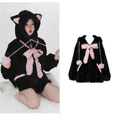 Harajuku Goth Coat with Cat Ears - Pastel Kitten Goth Coat, Kawaii Winter, Christmas Elf Outfit, Harajuku Goth, Women Bodysuit, Estilo Harajuku, Rash Guard Swimwear, Elf Clothes, Style Kawaii