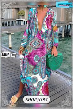 Printed Pullover Long Sleeve V-neck Swing Loose Long Dress Long Sleeve V-neck Dress For Summer Vacation, Casual Printed V-neck Maxi Dress, Casual Multicolor V-neck Dress For Beach, Casual V-neck Dress For Beach Season, Fall Vacation V-neck Dress, Casual Multicolor V-neck Long Sleeve Dress, Casual Long Sleeve V-neck Summer Dress, Casual Long Sleeve V-neck Dress For Summer, Casual Long Sleeve Maxi Dress For Beach Season