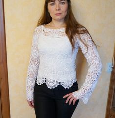 "Also you can find other Crochet blouses here: https://www.etsy.com/shop/NataliStudioUA?ref=seller-platform-mcnav&section_id=22291529 Hand made. Crochet white summer blouse. Crocheted blouse crocheted from beautiful and very delicate motifs. Motifs are connected to each other in the process of knitting according to the scheme. This interesting and openwork blouse model will be a great addition or even a highlight in the wardrobe. Blouse length - 56 cm/22\" size: M (height of model 165 - 170 Spring Lace Fitted Knit Top, Fitted Lace Knit Top For Spring, Elegant Long Sleeve Crochet Top With Lace Patchwork, Fall Crochet Lace Stretch Tops, Casual Stretch Blouse With Lace Patchwork, Summer Crochet Top With Lace Patchwork Long Sleeves, Summer Long Sleeve Crochet Top With Lace Patchwork, Spring Crochet Lace Fitted Blouse, Spring Fitted Crochet Lace Blouse