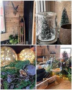 four different pictures of christmas decorations in various stages of being displayed with lights and snow globes