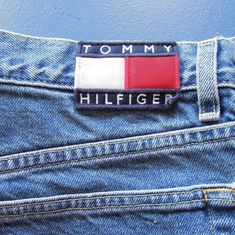 "Brand: Tommy Hilfiger Women's size 11 with a 30\" inseam 90's vintage large Tommy Hilfiger patch on back green zipper accent nice condition-just faded over time with light fraying along edges 33\" waist 12\" front rise 14\" back rise 30\" inseam 8\" across ankle" Casual Bottoms With Straight Leg And Logo Patch, Casual Straight Leg Bottoms With Logo Patch, Casual Denim Blue Bottoms With Logo Patch, Casual Denim Bottoms With Logo Patch, High Waist Mom Jeans, Light Weight Shoes, Tommy Hilfiger Jeans, Denim Branding, Personal Checks