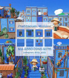 an animated image of a blue house with lots of windows and plants on the outside