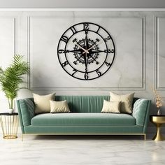 a living room with a green couch and a large clock on the wall