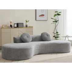 a gray couch sitting on top of a wooden floor next to a plant in a living room