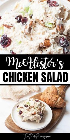 chicken salad with cranberries and pecans on the side is shown in this collage