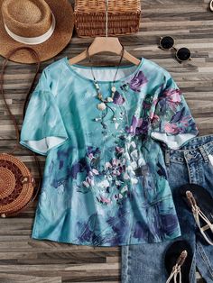 Blue Casual,Boho Collar Short Sleeve Woven Fabric Floral,Plants Top Embellished Non-Stretch  Women Clothing Fabric Floral, Women Blouses, Boho Casual, Kids Beachwear, Primavera Estate, Summer Shorts, Women Clothes Sale, Short Sleeve Shirt, Womens Tees