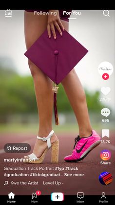 a woman's feet in high heels with a purple graduation cap on her head