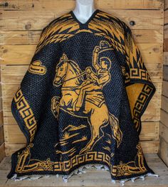 CHARRO HORSE ACRILIC POLYESTER 2 SIDED MEXICAN REBOZO PONCHO -38 inches each side -76 total length COLOR GOLD & BLACK Cowboy Poncho, Mexican Poncho Outfit, Mexican Horse, Mexican Horse Riding, Poncho Mexican, Mexican Rebozo, Mexican Sandals, Western Cowboy Hats, Cowboy Horse