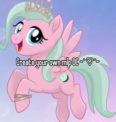 a pinkie pony flying through the air with a tiara on top of its head