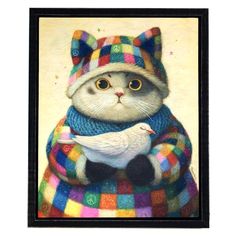 a painting of a cat wearing a hat and scarf with a bird on its lap