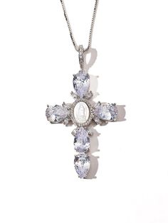 DIAMOND PEARL CROSS NECKLACE - Camillaboutiqueshop Spiritual Clavicle Chain Cross Pendant Necklace, Spiritual Crucifix Clavicle Chain Jewelry, Spiritual White Cross Jewelry, Spiritual Clavicle Chain Cross Jewelry, Elegant Hypoallergenic Cross Pendant Jewelry, Spiritual Crucifix Necklace As Gift, Spiritual Crucifix Necklace For Gift, White Spiritual Crucifix Necklace, White Crucifix Spiritual Necklace