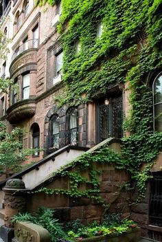 an old building with ivy growing on it's side and stairs leading up to the second story